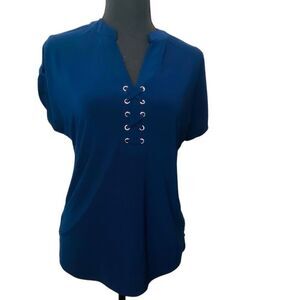 Michael Kors Lace-up Roll Tab Short Sleeve Rayon Blend Blouse Blue Small